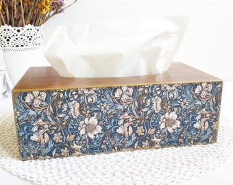 Portafazzoletti rettangolare in legno con ornamento blu, Portafazzoletti floreale, Portatovaglioli, Scatola decorativa per tovaglioli, Organizzatore per tovaglioli