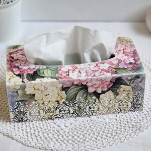 Funda para caja de pañuelos con diseño floral, soporte decorativo de madera con hortensias, almacenamiento de pañuelos, servilletero, caja para servilletas, regalo para el día de la madre