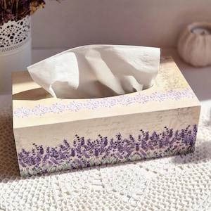 Handcrafted wooden tissue box cover with floral ornament, Decoupaged tissue box holder, Lavender wooden box for napkins, Tissue storage