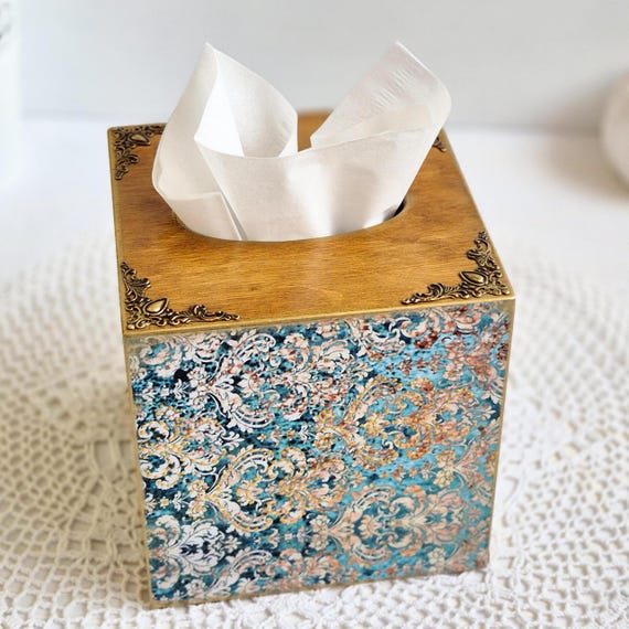Tissue Box Cover in Vintage Style, Blue Gold Tissue Box Holder, Wooden Square Napkin Holder, Decorative Cube Box for Napkins, Gift for Her