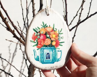 Hanging Easter Egg with Cute Houses, Hanging Wooden Eggs in Rustic Style,  Farmhouse Hanging Eggs, Handmade Spring Decor