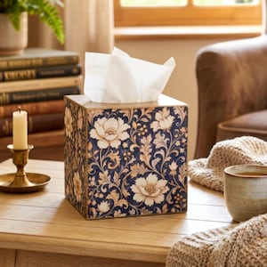 Könnte beinhalten: Ein quadratischer Taschentuchbox-Bezug mit dunkelblauem Hintergrund und einem sich wiederholenden Muster aus cremefarbenen Blumen und geschwungenem Blattwerk. Ein weißes Taschentuch ragt aus der oberen Öffnung der Box mit flachen Seiten.