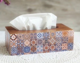 Wooden tissue box cover, Portuguese style tissue box, Azulejos Portugueses