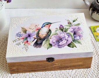 Large Tea Bag Holder for 6 Compartments, Floral Tea Box with Bird, Tea Storage, Tea Bag Organizer, White Wooden Tea Box, Tea Lovers Gift