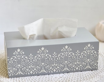Gray Tissue Box Cover with White 3D Ornament, Wooden Rectangular Napkin Holder, Decorative Box for Napkins