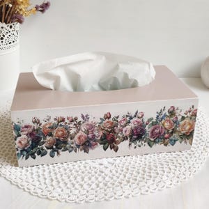 Funda para caja de pañuelos con diseño floral de estilo vintage, soporte para caja de pañuelos blanco con rosas, servilletero decorativo hecho a mano, almacenamiento de pañuelos de madera