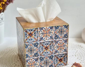 Funda para caja de pañuelos con azulejos azules, servilletero cuadrado de madera, regalo para el Día de la Madre.