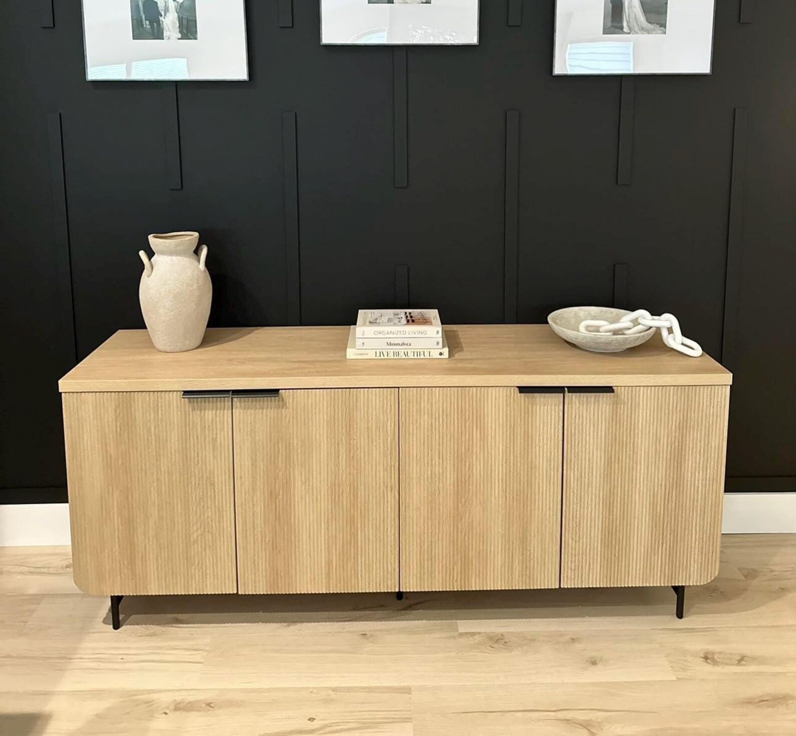 Scandinavian Coastal Oak Wood and Metal Modern Reeded 4-door Sideboard ...