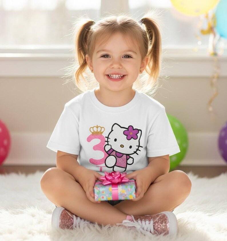 May include: A white t-shirt featuring a graphic of Hello Kitty with a pink flower and the number 3 with a crown. The shirt is worn by a young child holding a wrapped gift. The child is sitting on a white rug.