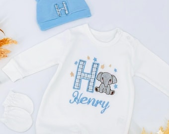 Personalized Baby Boy Romper & Matching Hat Set - Coming Home Outfit - Baby Shower Gift