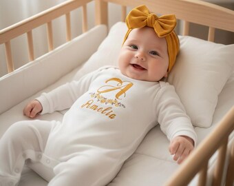 Personalized Baby Girl Coming Home Romper Set with Matching Headband - Embroidery Customized Outfit