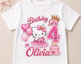 Hello Kitty Birthday Girl Shirt, Personalized Birthday Shirt for Girls, Custom Tee, Pink Coquette Birthday Outfit, Cute Kitty Party Shirt