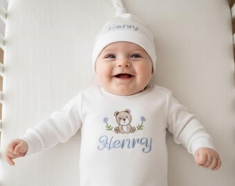 Baby Boy Girl Customized Boy Embroidered Romper Personalized Coming Home outfit With Matching Hat