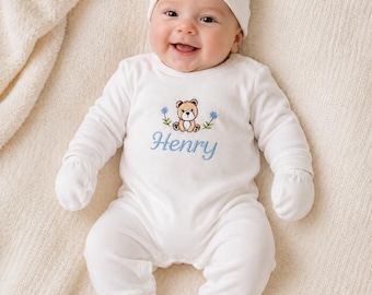 Baby Boy Girl Customized Boy Embroidered Romper Personalized Coming Home outfit With Matching Hat and Mitten