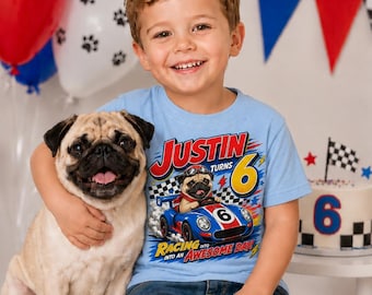 Personalized Pug Racing Birthday Shirt, Custom Pet Portrait Race Car Tee