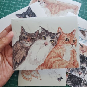 Set of 6 A2 Watercolor Cat Greeting Cards - Blank inside, any occasion