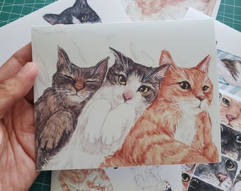 Set of 6 A2 Watercolor Cat Greeting Cards - Blank inside, any occasion