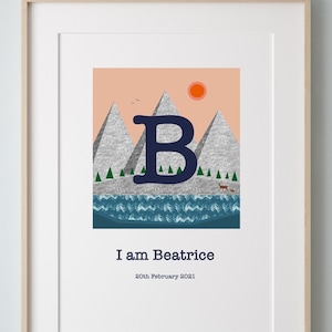 Personalised letter and name print, Initial art print, Letter art, Custom baby and child gift, Kid's art, Nature print, Mountain wall art