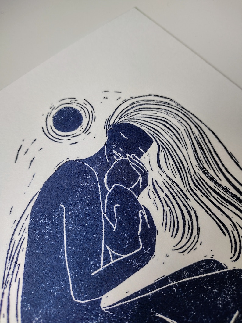 Handprinted Linocut Art Print: Mother and Child, Blue Relief Ink - Etsy