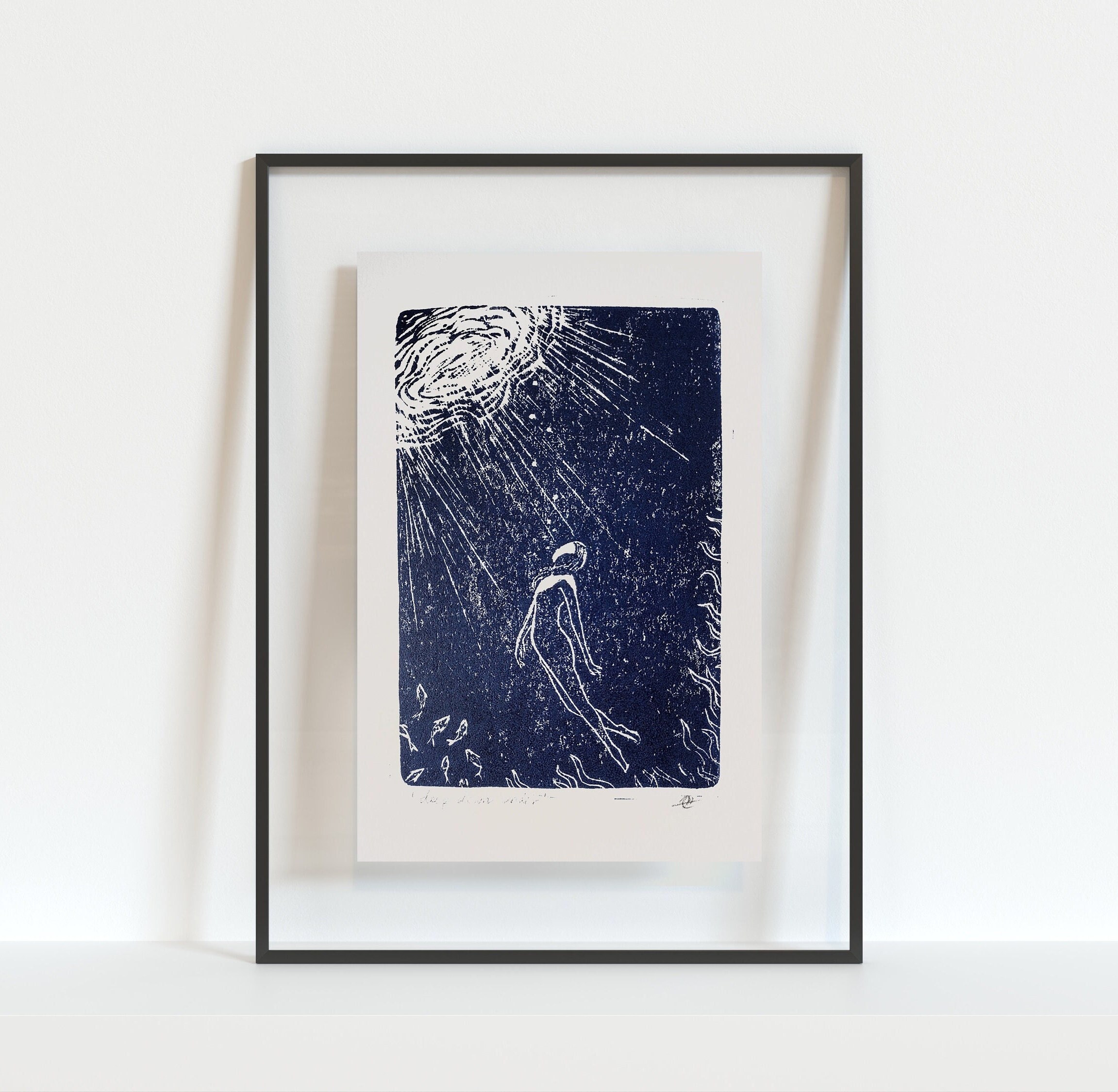 Linocut Art Print: Deep Sea Swimmer, Blue Ocean Wall Art - Etsy Australia