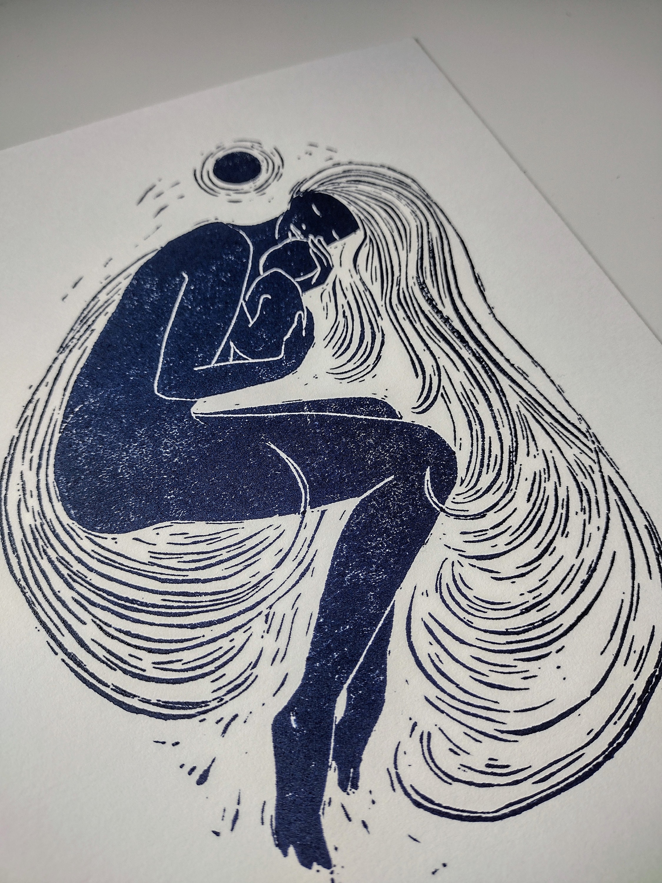 Handprinted Linocut Art Print: Mother and Child, Blue Relief Ink - Etsy