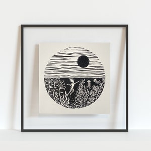 Underwater garden print, Linocut print, Lino art, Sea themed art print, Sea swimming print, Wall art, Home decor, Nature inspired art