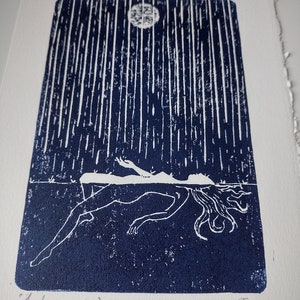 Feeling rain linocut art print, Handprinted lino wall art, Swimming in rain, Rain print, Sea swimming art, Wild swimming print, Coastal art