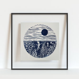 Stampa di giardino sottomarino, stampa linoleum, arte linoleum, stampa artistica a tema marino, stampa di nuoto in mare, arte murale, arredamento per la casa, arte ispirata alla natura