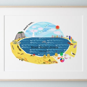 Personalised beach print, Custom baby and child gift, Beach nursery decor, Nautical kid's print, Beach wall art, Coastal art print