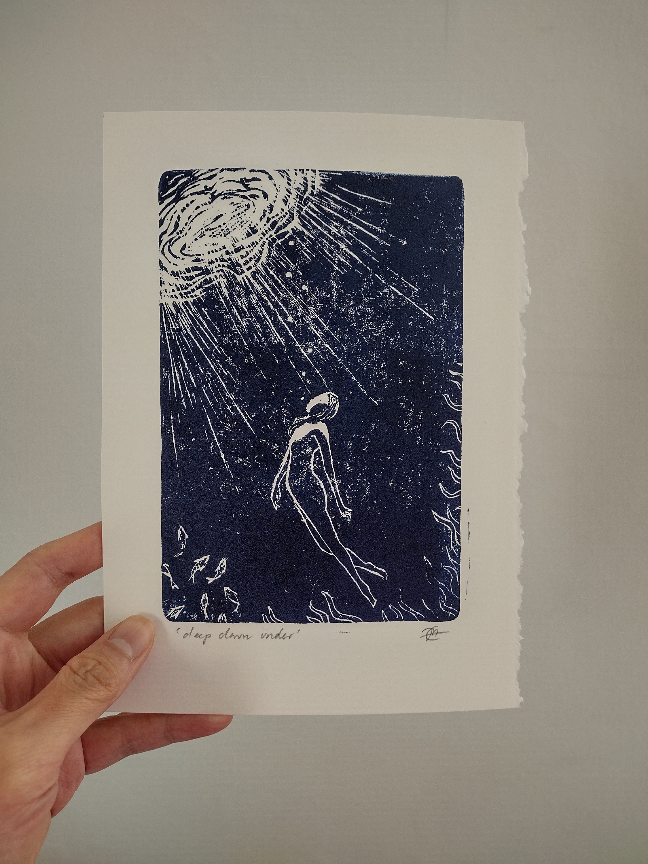 Linocut Art Print: Deep Sea Swimmer, Blue Ocean Wall Art - Etsy Australia