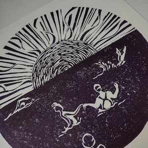 Sea friends linocut art print, Handprinted lino wall art, Sea swimming art, Wild swimming print, Home decor, Coastal inspired beach print