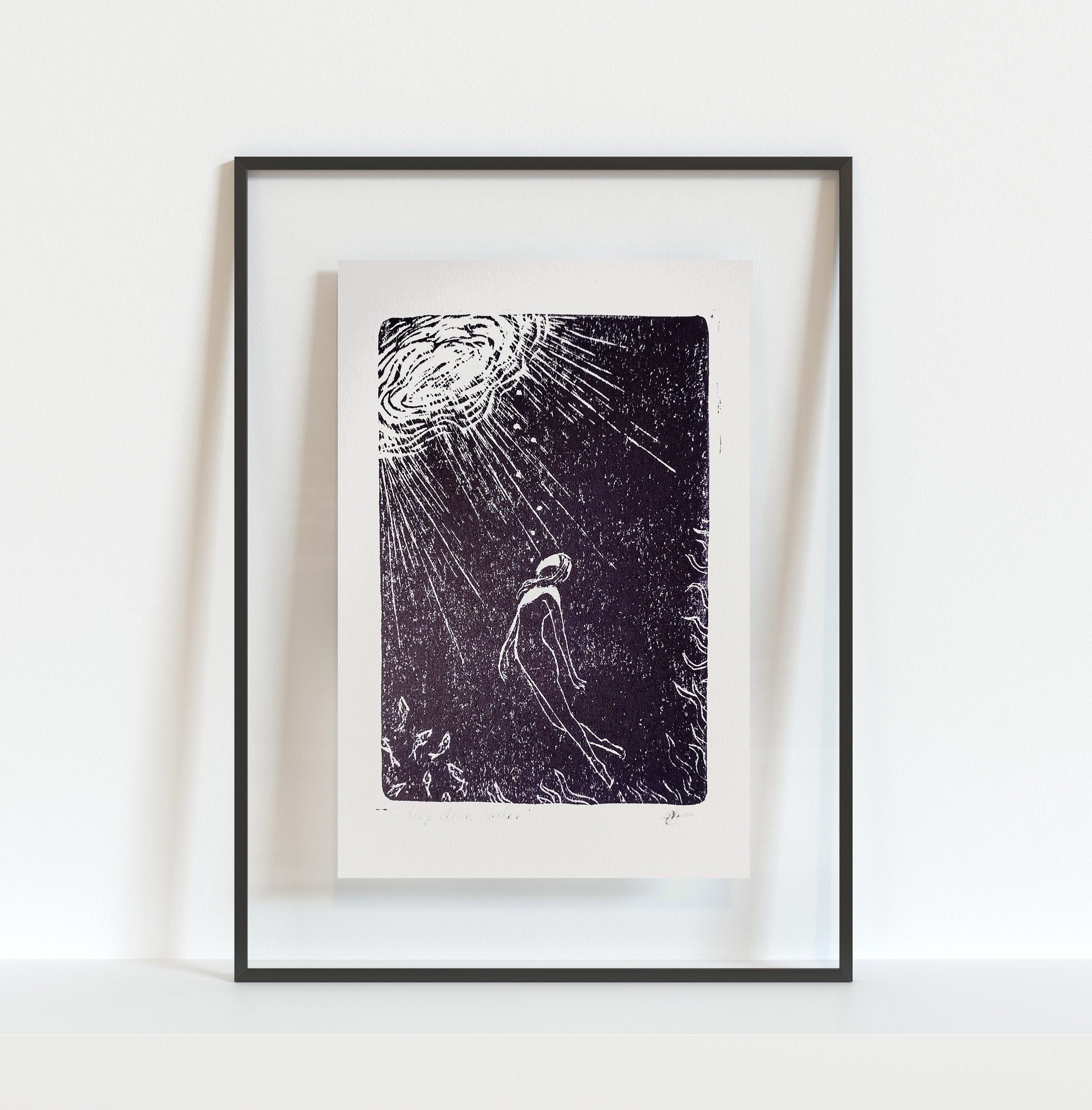 Deep down under linocut art print, Handprinted lino wall art, Diving art print, Deep in the ocean, Wild swimming print, Sea swimming art