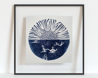 Sea friends linocut art print, Handprinted lino wall art, Sea swimming art, Wild swimming print, Home decor, Coastal inspired beach print