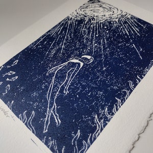 Deep down under linocut art print, Handprinted lino wall art, Diving art print, Deep in the ocean, Wild swimming print, Sea swimming art
