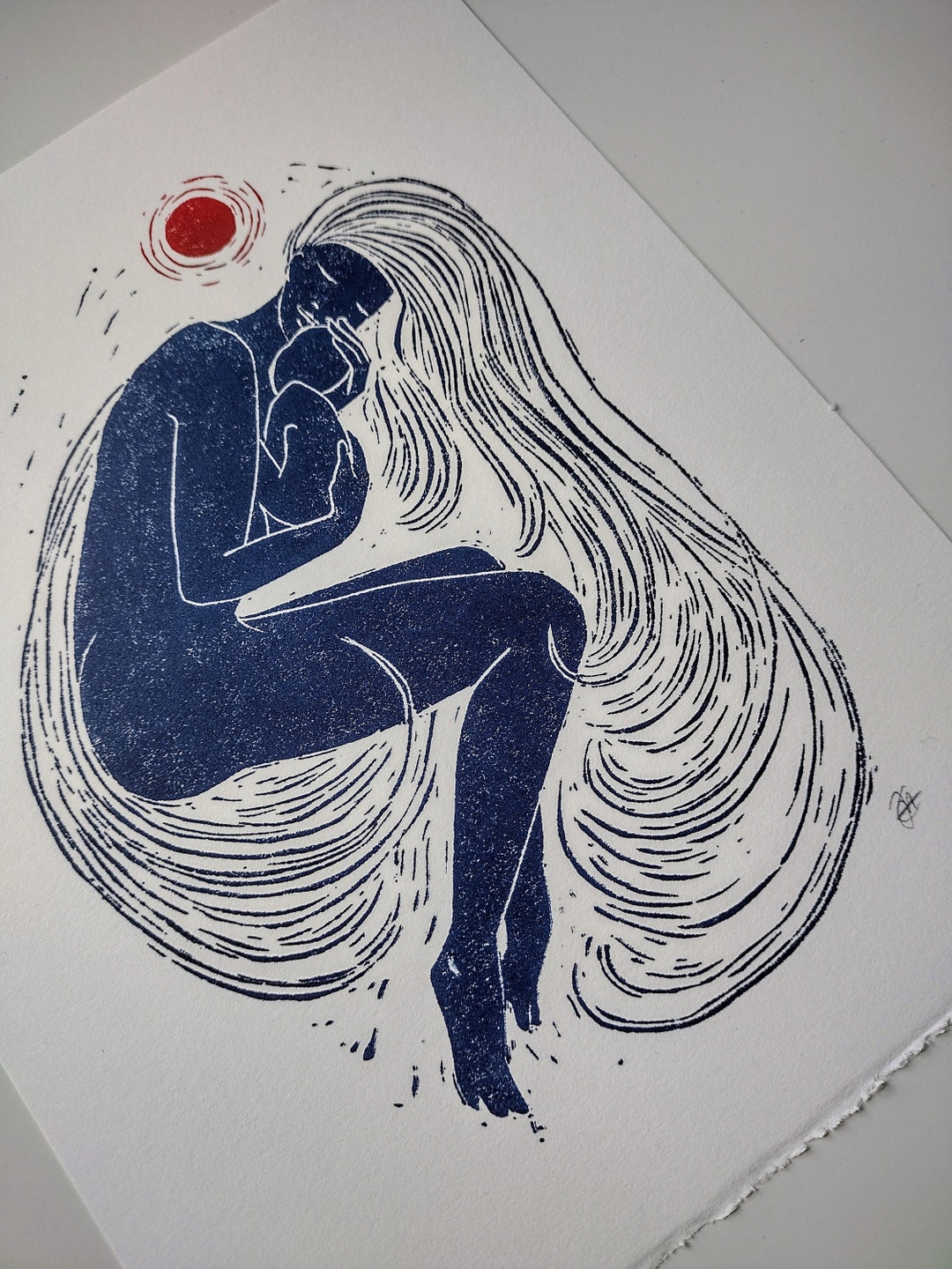 Handprinted Linocut Art Print: Mother and Child, Blue & Red - Etsy