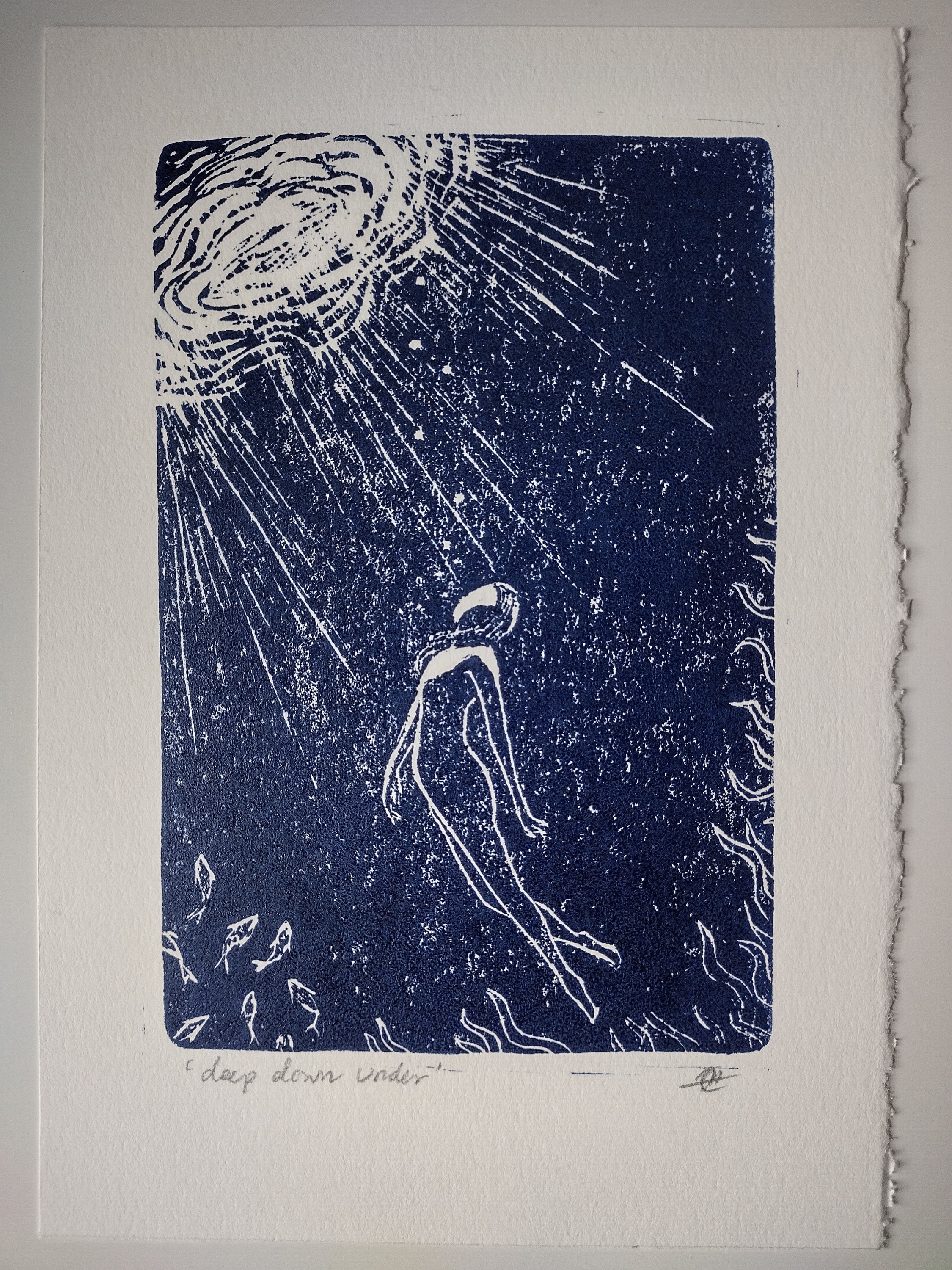 Linocut Art Print: Deep Sea Swimmer, Blue Ocean Wall Art - Etsy Australia