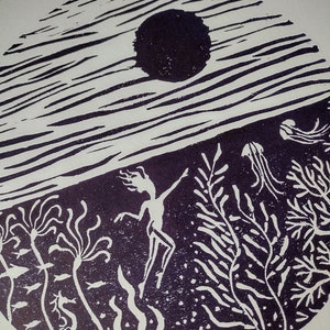 Underwater garden print, Linocut print, Lino art, Sea themed art print, Sea swimming print, Wall art, Home decor, Nature inspired art
