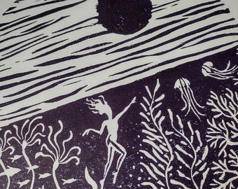 Underwater Garden Linocut Print: Sea Swimmer Art