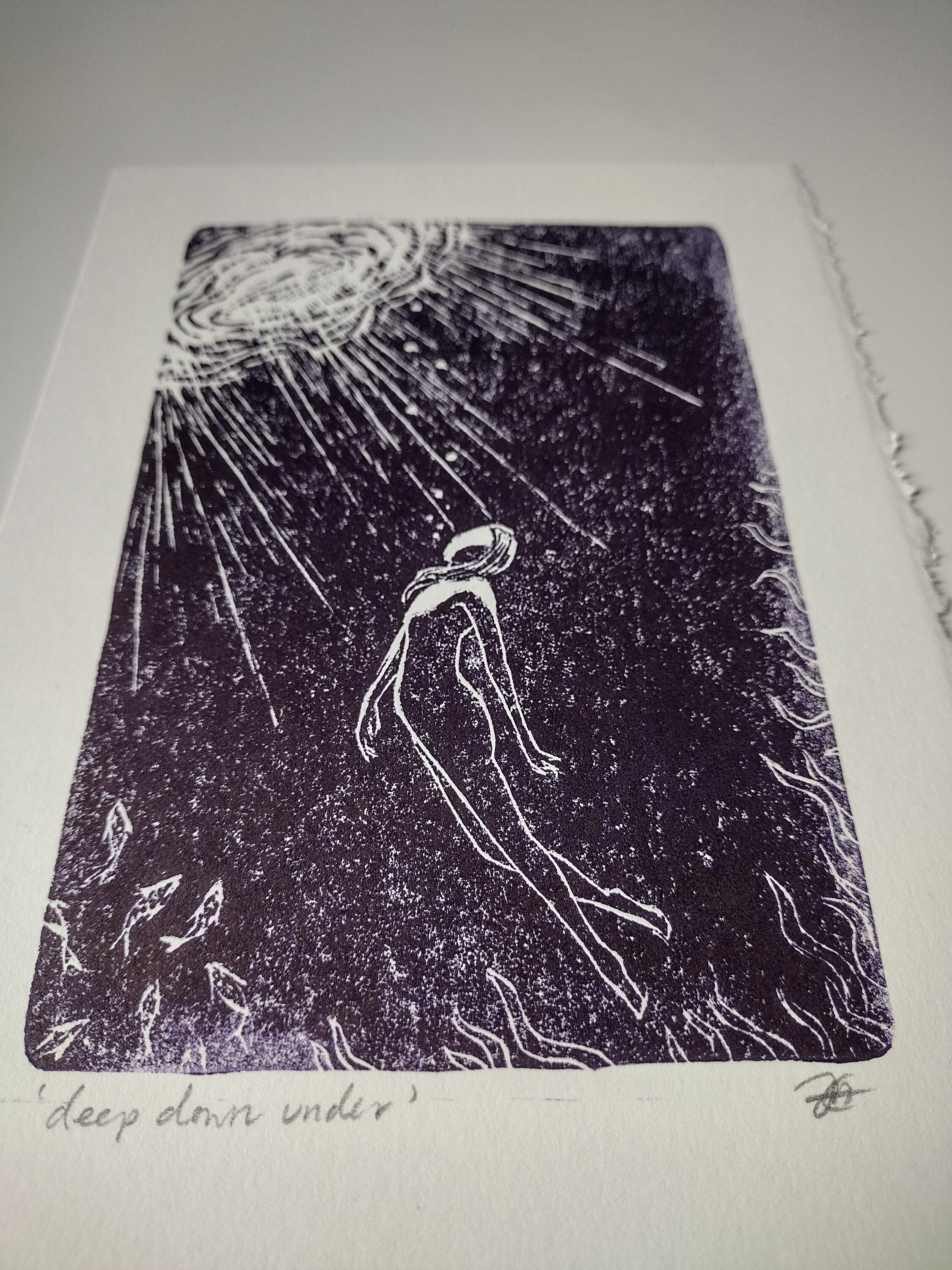 Handprinted Sea Swimmer Linocut Art Print: Deep Ocean Scene - Etsy
