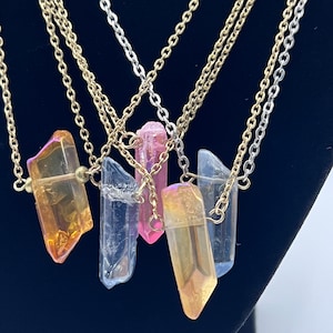 Colar de cristal de quartzo Aura, colar de pingente de cristal bruto