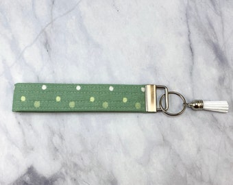 Sage Polka Dot Personalized Key Fob Wristlet Keychain | Quilted Key Fob Wristlet for her | Monogrammed Fabric Wristlet for Keys