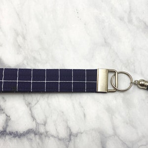 Quilted Keychain Wristlet | Dark Blue Square Print Personalized Wristlet for Keys | Monogrammed Fabric Key Fob Wristlet for her