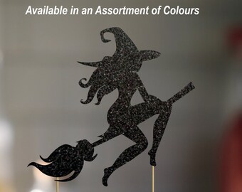Halloween Witch Riding Broomstick Silhouette Cake Topper | 24 Glitter Colours | 2 Size Choices | Bewitched Flying Flower Pick Autumn Fall