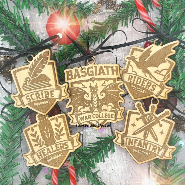 Basgiath Scribe Healers Riders Infantry Quadrant Logo Wooden Bauble Red Ribbon Fantasy Romance Book Christmas Ornament Secret Santa Present