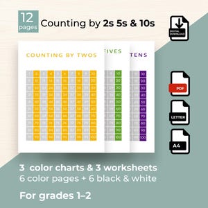 Skip Counting Worksheets (2s, 5s, 10s) | Math Practice & Charts | Kindergarten - 1st Grade Math  Color-Coded Number Charts  Digital Download