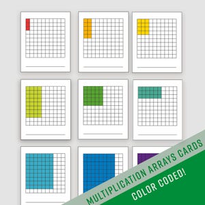 Puede incluir: Nueve tarjetas didácticas con un patrón de cuadrícula y bloques de colores, que ilustran matrices de multiplicación. Las tarjetas presentan bloques rojos, amarillos, verdes, azules y morados. El texto en la imagen dice "MULTIPLICATION ARRAYS CARDS COLOR CODED!"
