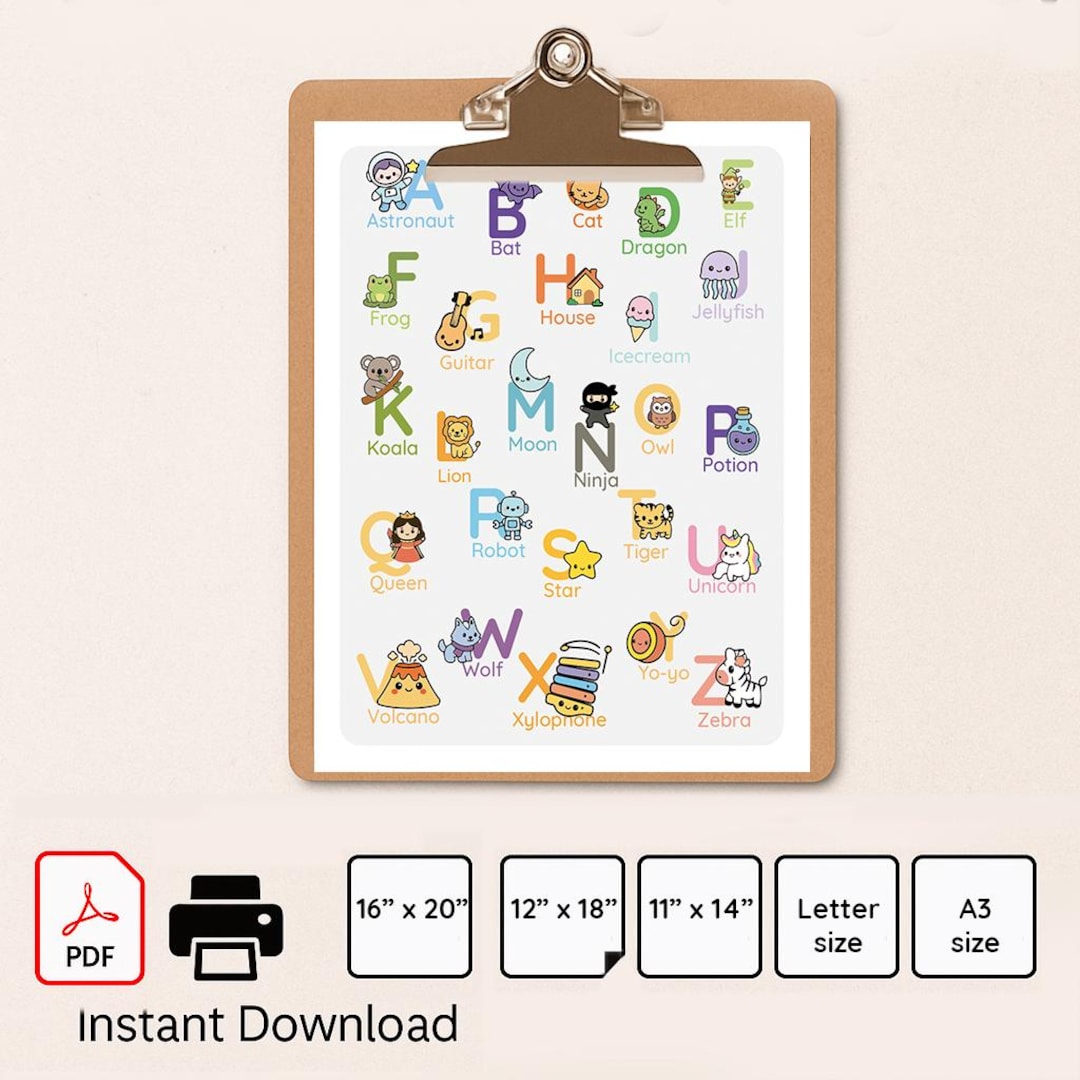 Printable Alphabet Poster for Kids, Educational ABC Wall Art With ...