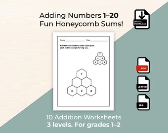 Addition Honeycomb Worksheets 1–20 | Visual Math Puzzles | 3 Difficulty Levels | Grades