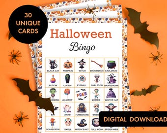May include: Halloween Bingo game with 30 unique cards. The game features a grid of Halloween-themed illustrations, including a black cat, pumpkin, witch, and cauldron. The words "Halloween Bingo" are at the top, and "Digital Download" is at the bottom.
