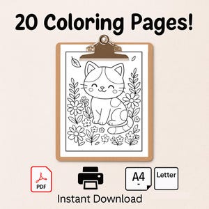 Summer Kawaii Cat Coloring Pages, 20 Printable Kitten Designs, Beach, Pool, Garden Scenes, A4 and US Letter, Kids Activity, Instant Download